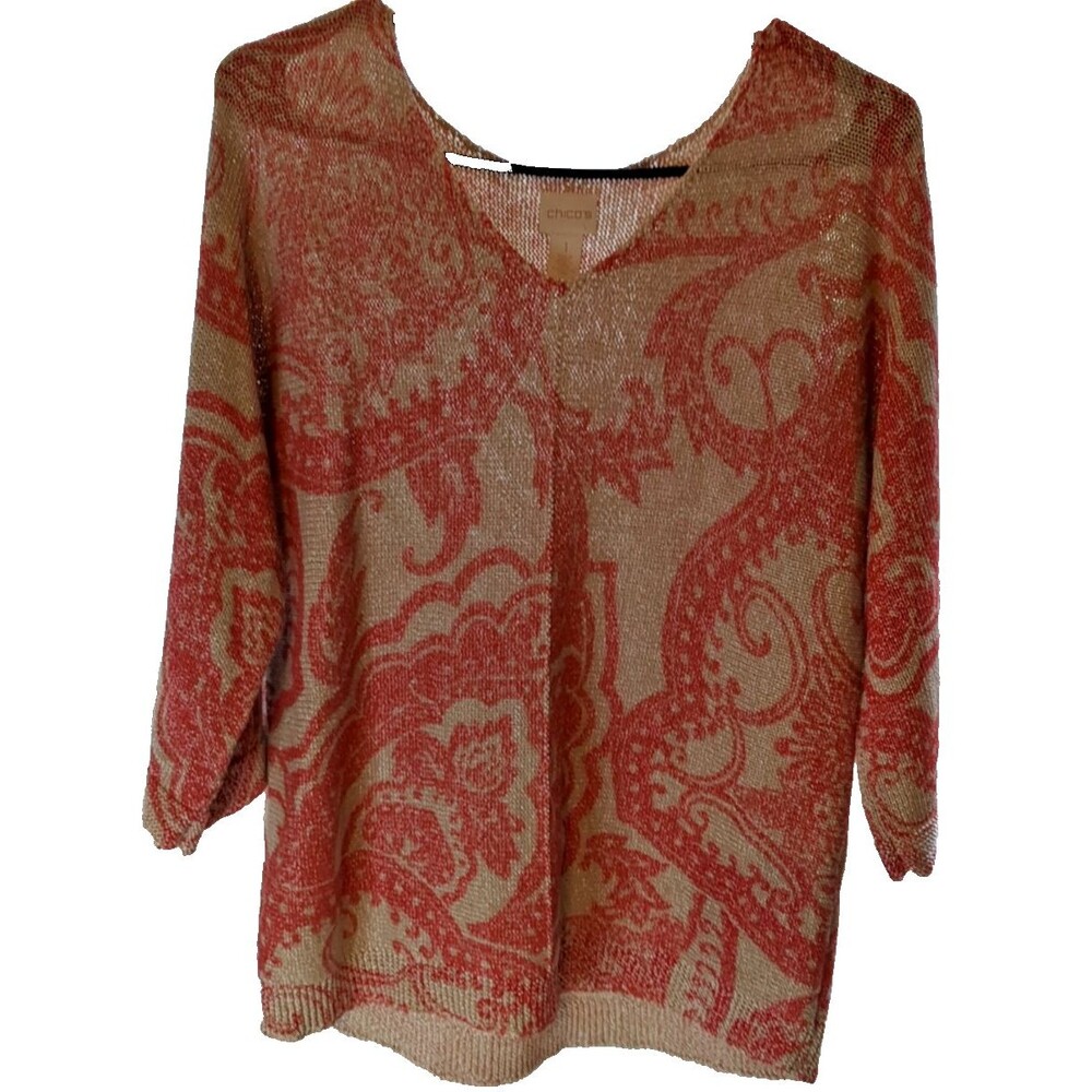 Chicos Sweater Womens 1 Medium Tan Geometric Knit Pullover Capsule Coastal